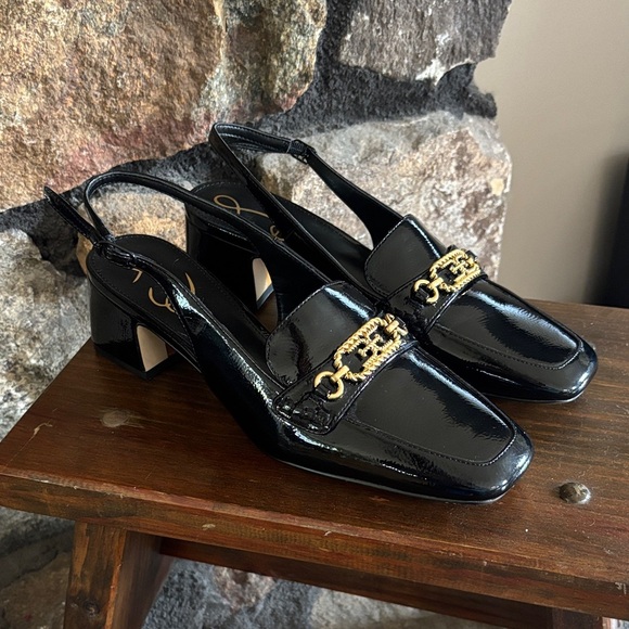Sam Edelman 7.5 Elegant Black Patent Leather Slingback Loafers w gold accents - Picture 1 of 6